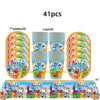 A set of 41 birthday party decorations including plates and banners featuring colorful characters