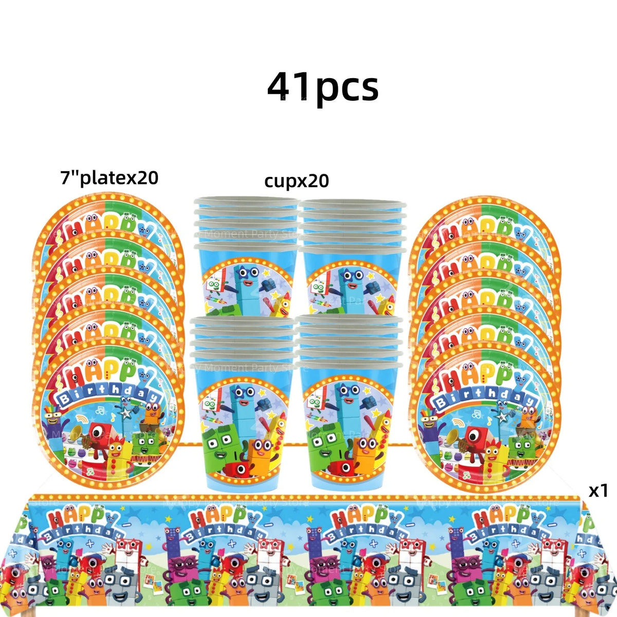 A set of 41 birthday party decorations including plates and banners featuring colorful characters