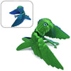 A green parrot figurine with movable wings and a blue version shown in detail.