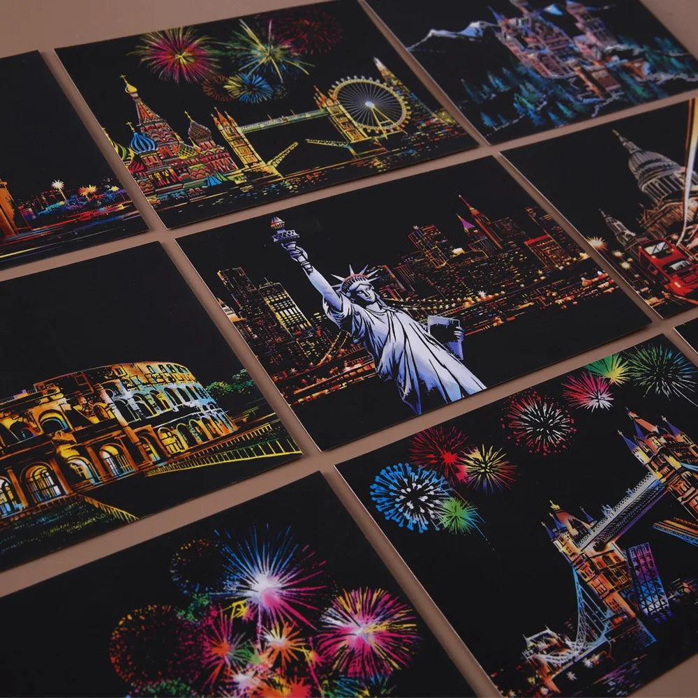 A collection of DIY scratch painting art kits featuring vibrant fireworks and cityscapes.