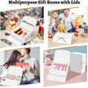 Various multipurpose gift boxes with lids and ribbon ties shown in different contexts.