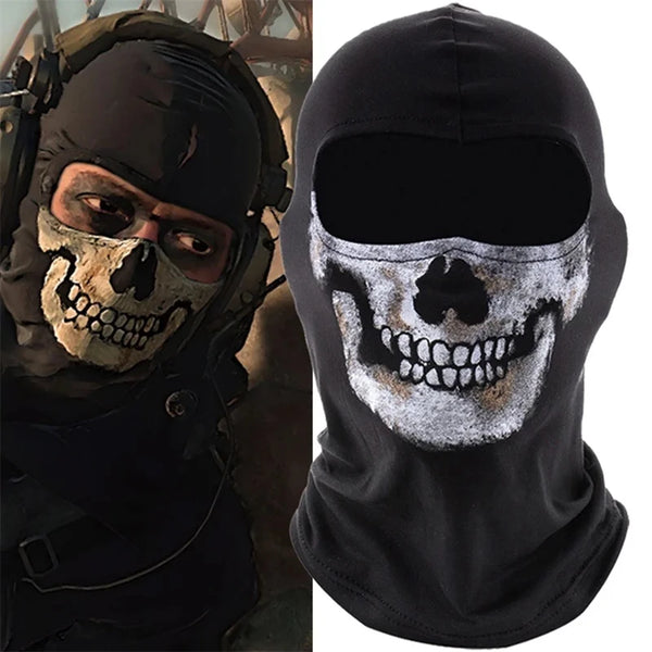 Black ice silk face mask featuring a white skull pattern for cosplay and festivals