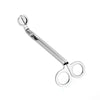 Stainless steel candle wick trimmer scissors with a small trimming tool.