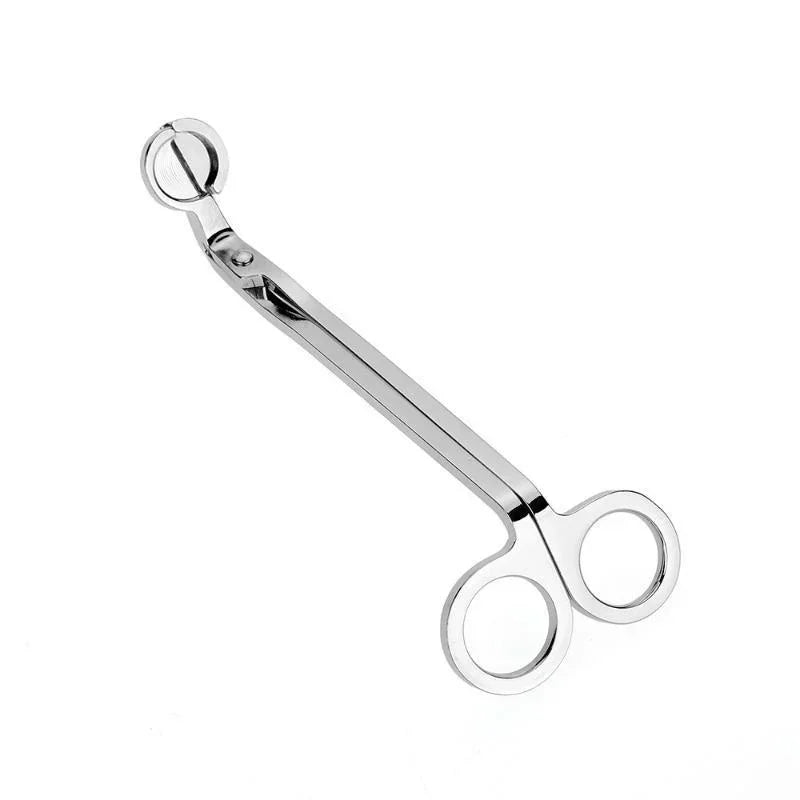 Stainless steel candle wick trimmer scissors with a small trimming tool.