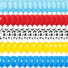 A string of 12-inch latex balloons featuring cloud and cow print patterns in blue, red, and yellow colors.