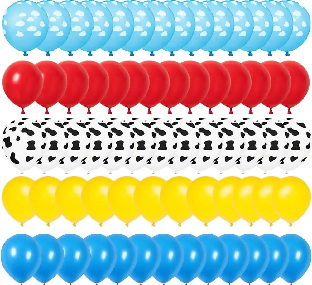 A string of 12-inch latex balloons featuring cloud and cow print patterns in blue, red, and yellow colors.
