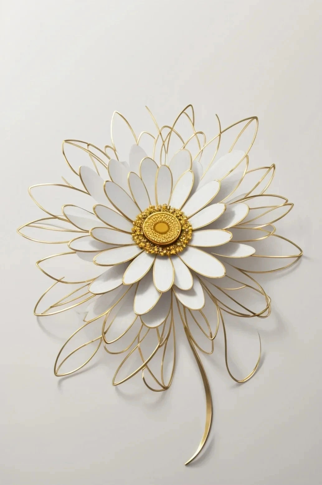 Arte de pared de girasol con alambre dorado y flor blanca en lienzo y centro dorado