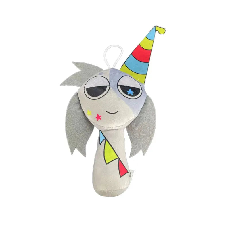 A gray plush toy with a rainbow cone hat and a smiling face.