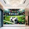 A vibrant birthday backdrop banner featuring a football theme with colorful streamers and soccer balls.