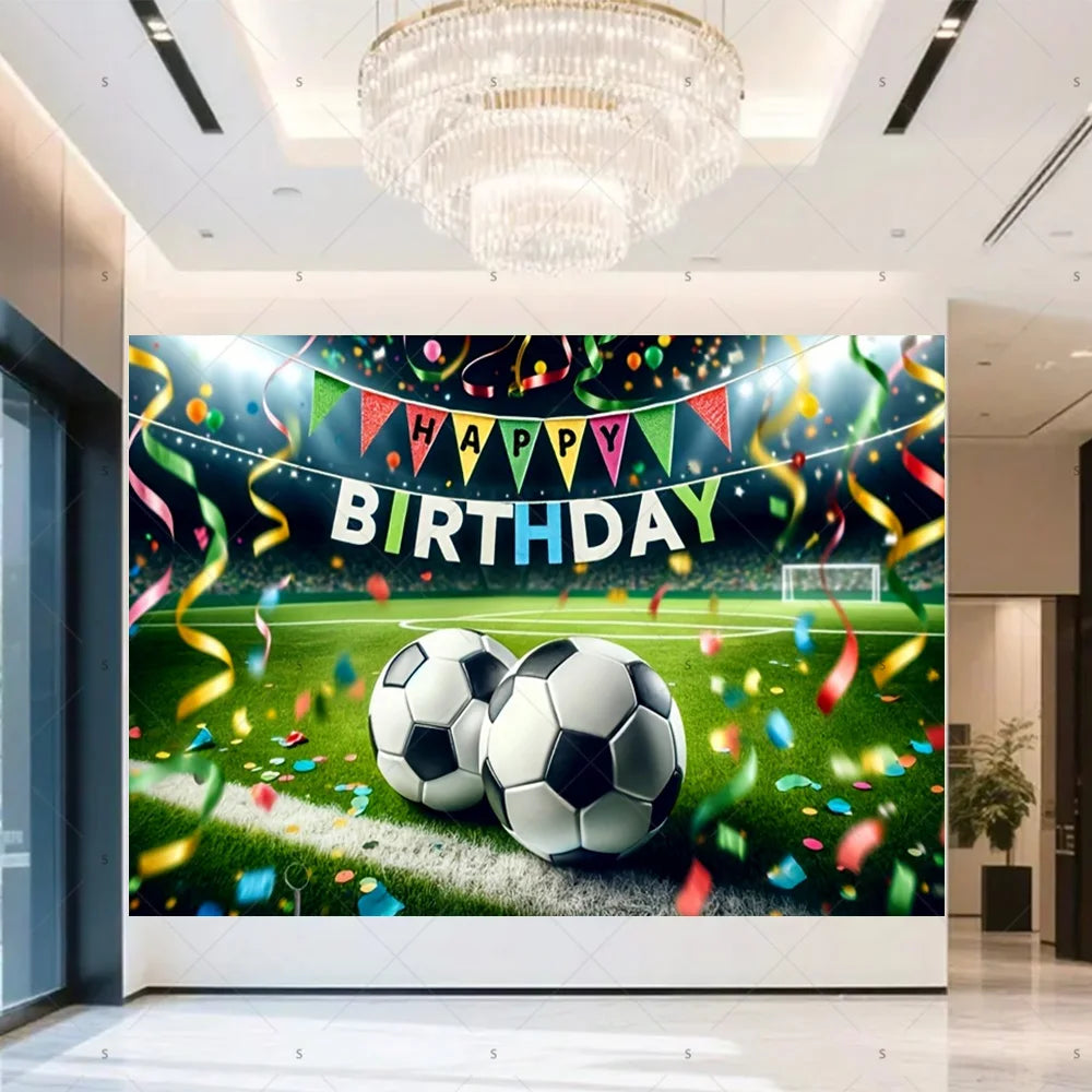 A vibrant birthday backdrop banner featuring a football theme with colorful streamers and soccer balls.