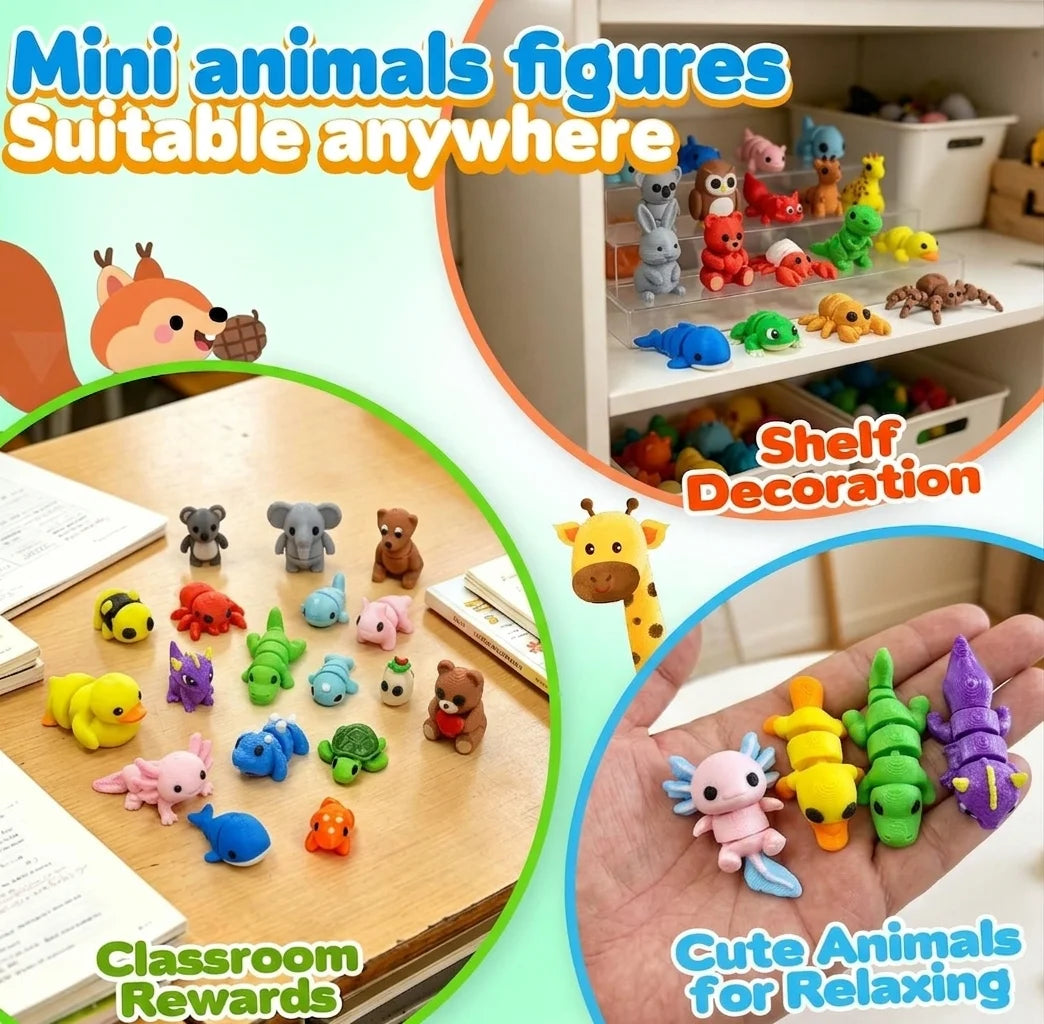 A collection of colorful mini animal figures and figurines used as classroom rewards and shelf decoration.