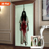 A spooky 2D Halloween door banner featuring a figure with a red splatter effect inside a wooden frame.