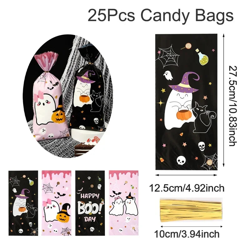 25 pieces of Halloween candy bags featuring a cute little boo design on black and pink packaging.