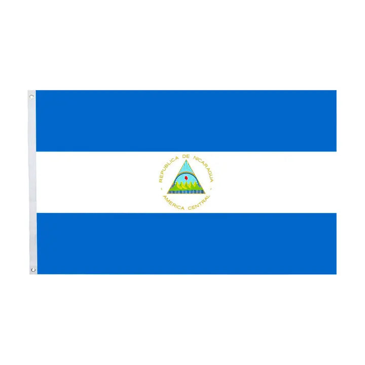 Flag of Nicaragua featuring horizontal blue and white stripes with a central emblem.