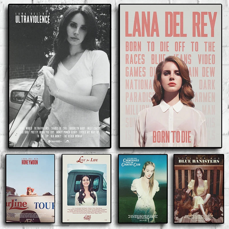 A collage of four posters featuring Lana Del Rey imagery and album art.