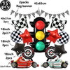 A set of 2 flag banners, 2 race car number balloons, and a race car model for birthday party decorations.