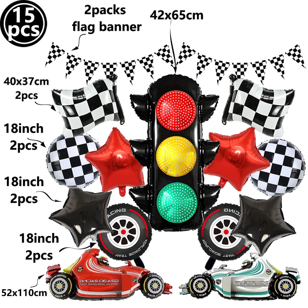A set of 2 flag banners, 2 race car number balloons, and a race car model for birthday party decorations.
