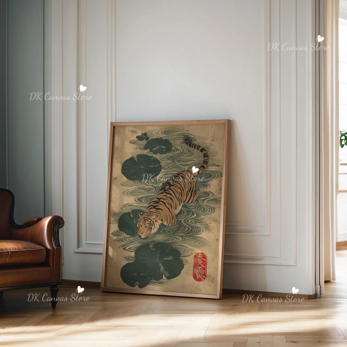 Vintage Japandi Tiger Cat Canvas Wall Art featuring a tiger print displayed on a wooden frame.