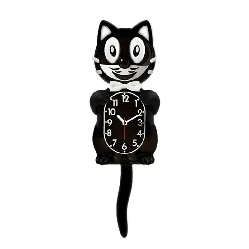 A black cartoon cat wall clock with a white bow and a swinging tail.