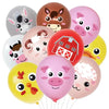 A set of nine latex balloons shaped like various farm animals including a pig, horse, and sheep in pink, yellow, and brown co