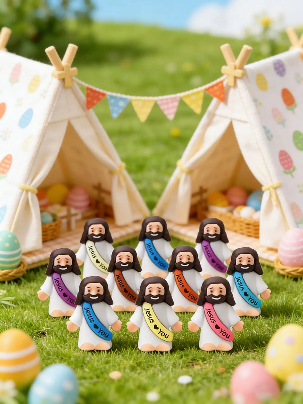 A collection of mini rubber Jesus figurines for Easter and religious gifting are displayed outdoors in a grassy field.