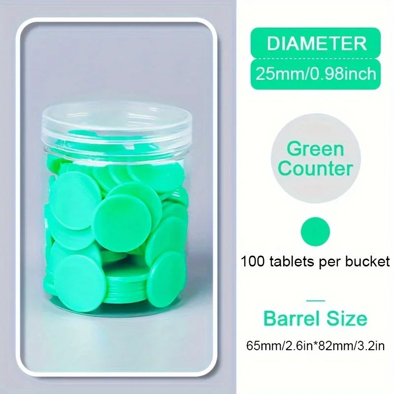 A clear jar filled with 100 green plastic counting chips for educational learning.