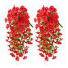 A pair of artificial red morning glory hanging flowers.