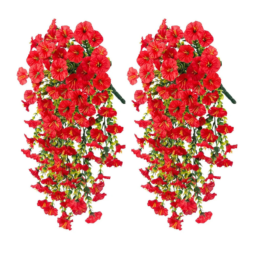 A pair of artificial red morning glory hanging flowers.