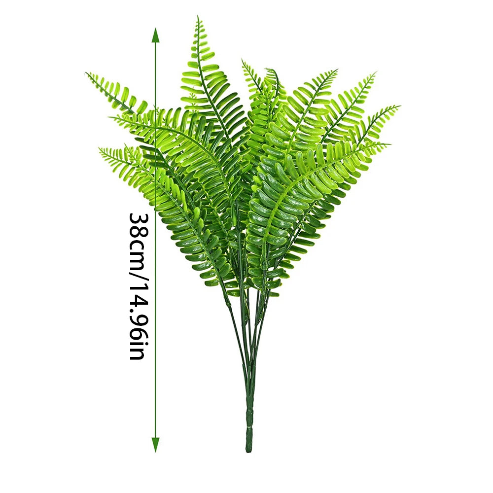A vibrant green artificial Boston fern bush with long fronds shown vertically.