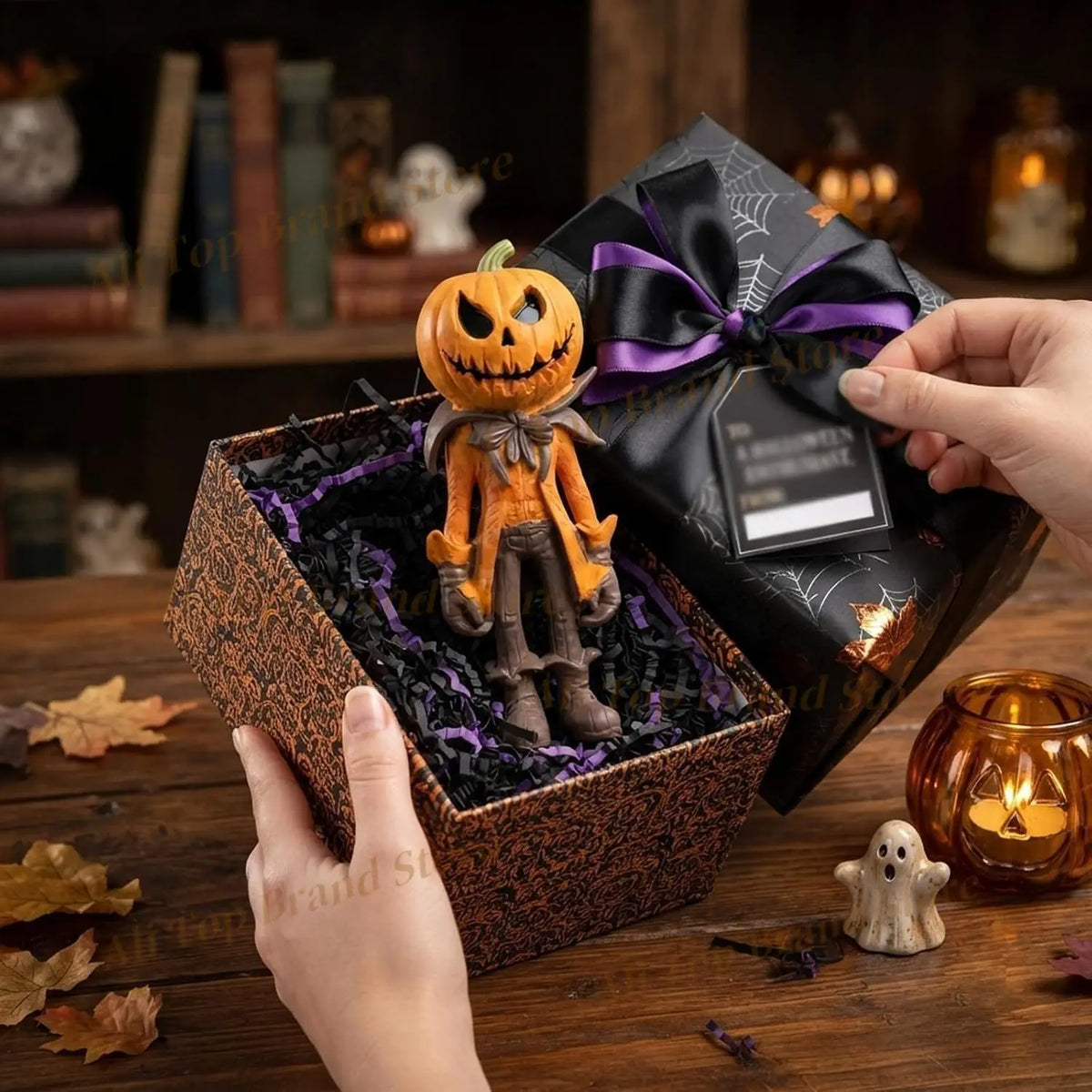 Une main place une figurine de citrouille effrayante dans une boîte décorative remplie de mousse noire et de feuilles d'autom