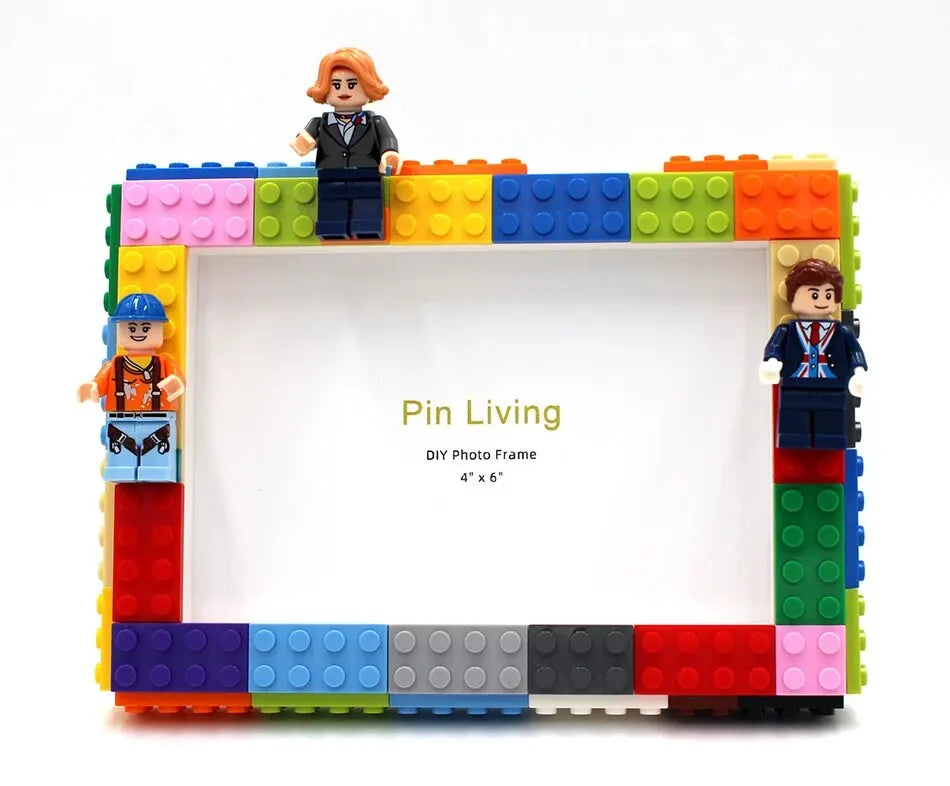 A LEGO minifigure framed within a colorful LEGO building block frame, demonstrating a DIY photo frame kit.