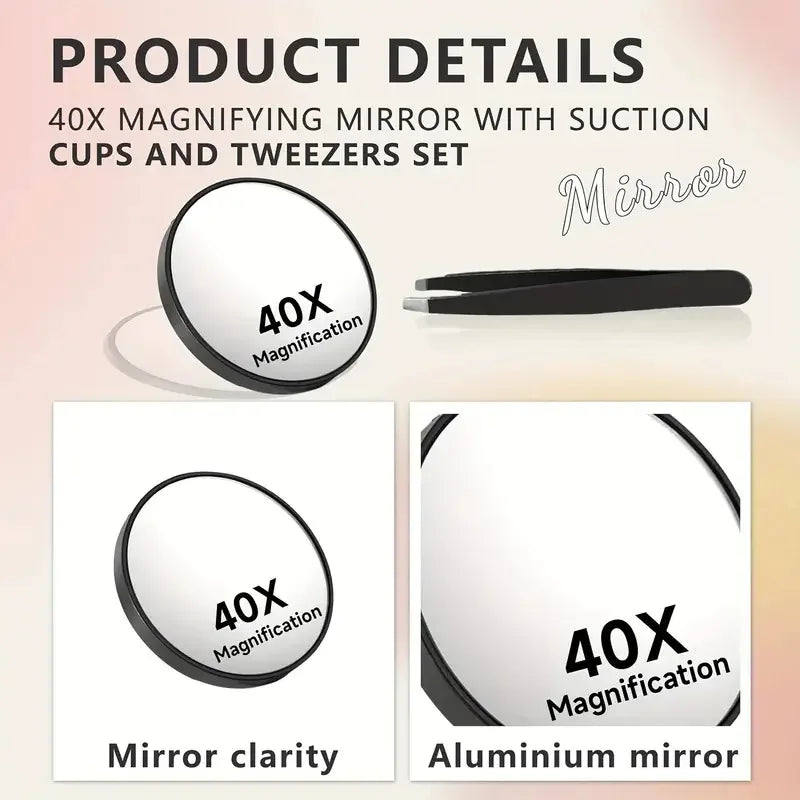 A set of 40x magnifying mirrors and tweezers with suction cups and a aluminum mirror.