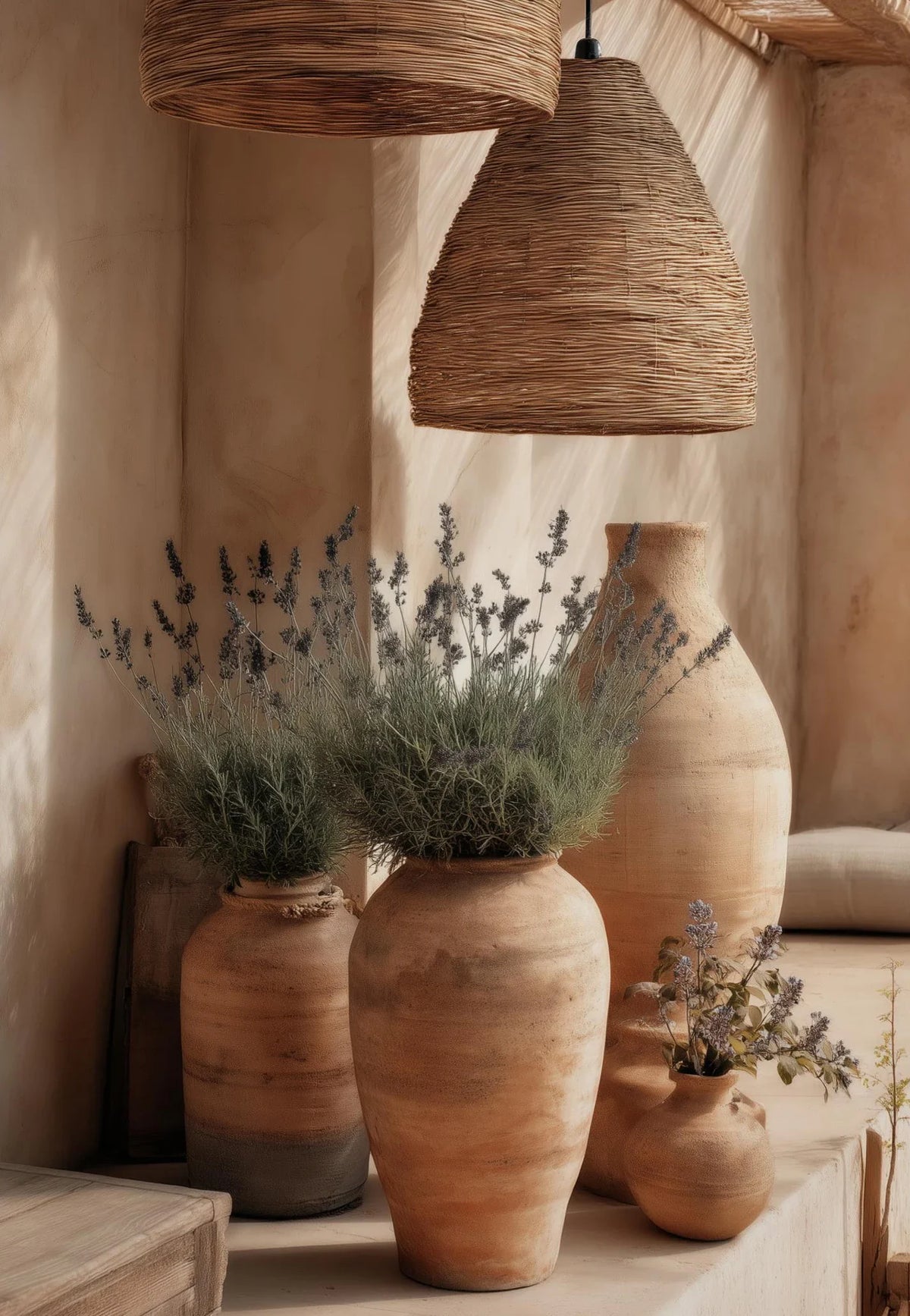 A collection of terracotta vases and dried lavender sprigs displayed on a light wooden surface.