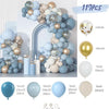 A balloon arch kit featuring dusty blue and sand white balloons with gold confetti accents.