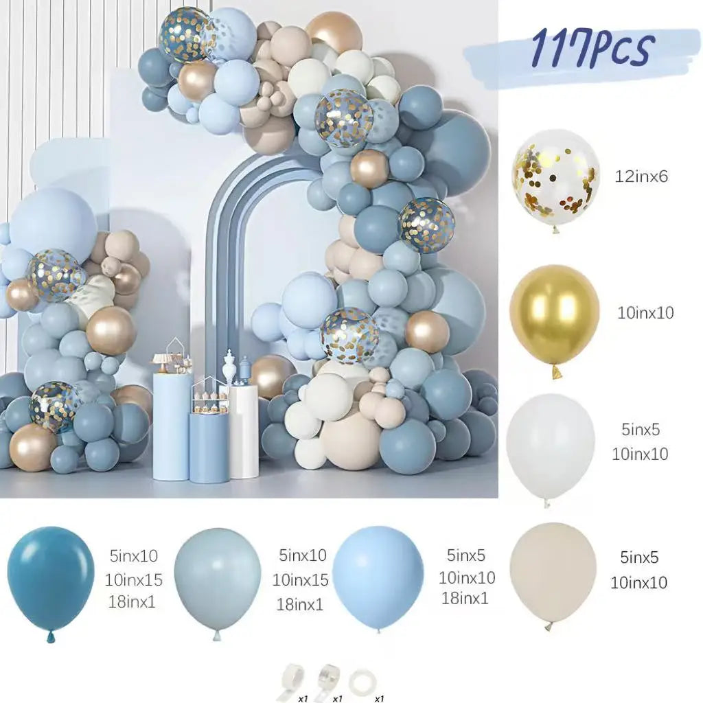 A balloon arch kit featuring dusty blue and sand white balloons with gold confetti accents.