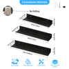 Two installation methods for floating metal wall shelves showing no drilling and various sizes.