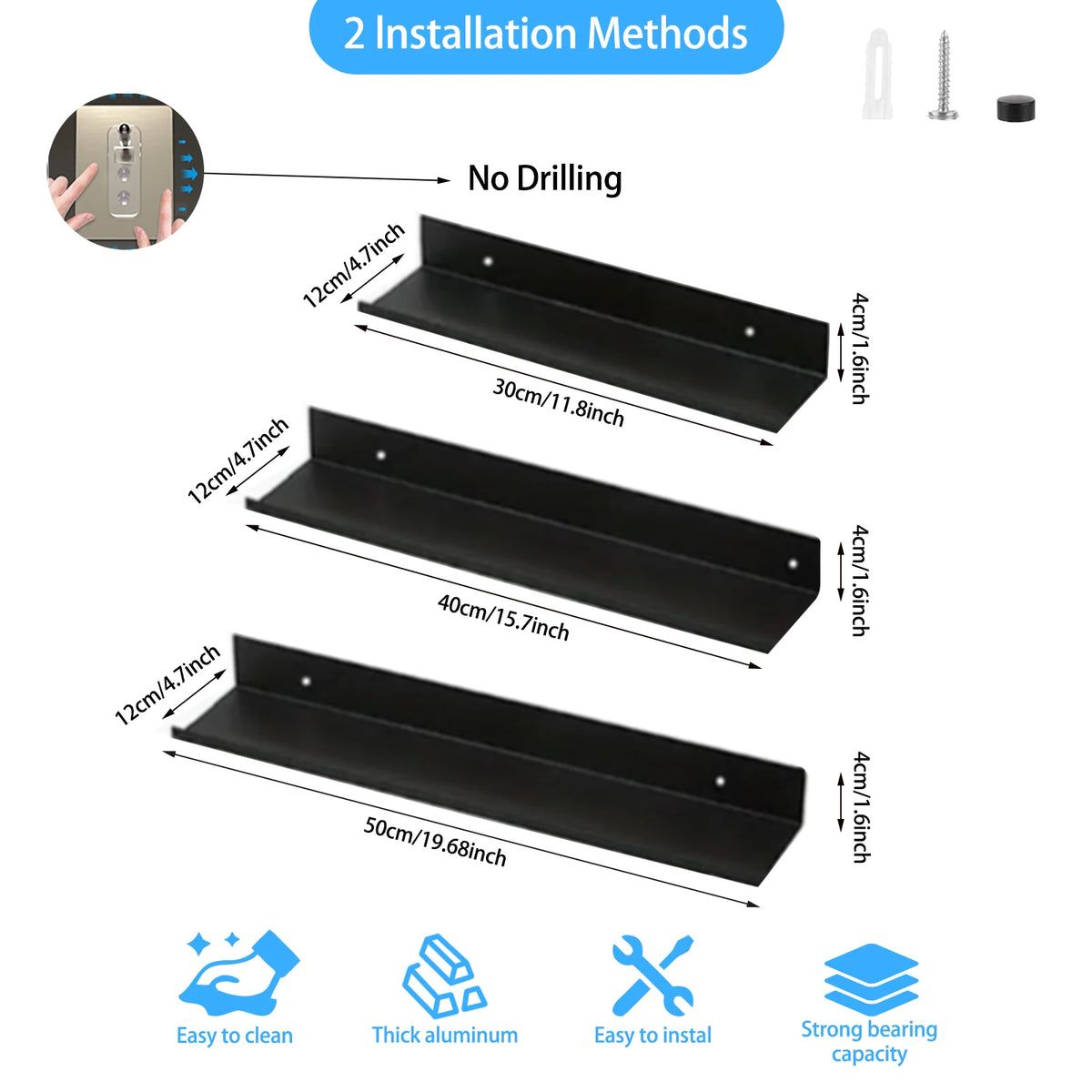 Two installation methods for floating metal wall shelves showing no drilling and various sizes.