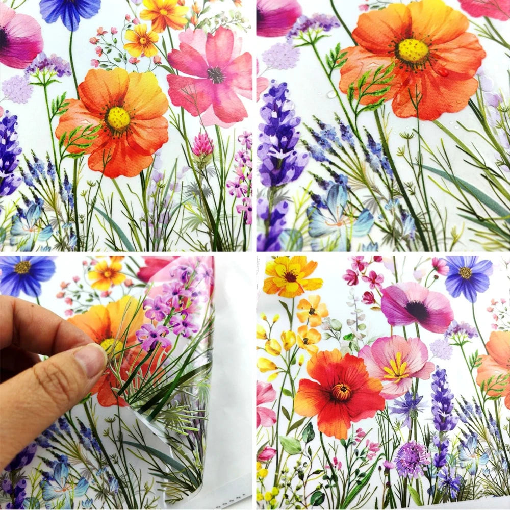 Doppelseitige dekorative Schmetterlings-Wandsticker mit leuchtenden orange, pinken und lila Blumenmustern auf weißem Hintergr