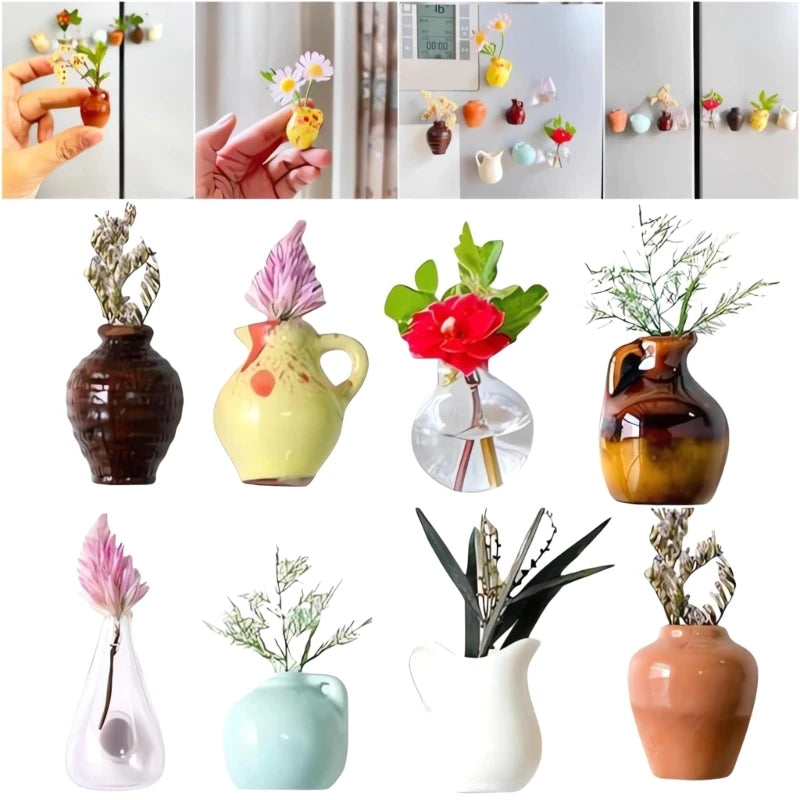 A set of eight magnetic mini ceramic vases in various colors and textures.