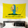 A yellow flag featuring a cartoon drawing of Beavis and Butt-Head meme characters with the text Are you threatening me?