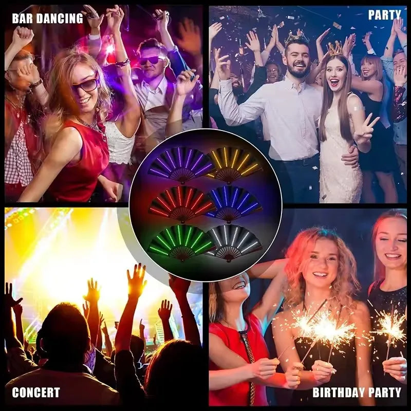 A collage of people dancing, celebrating, and enjoying a party with glowing LED fans.