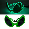 A pair of bright green EL wire party glasses, shown in both a glowing form and a solid version.