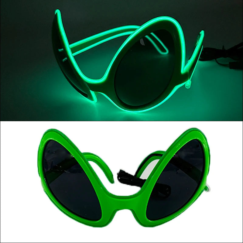 A pair of bright green EL wire party glasses, shown in both a glowing form and a solid version.
