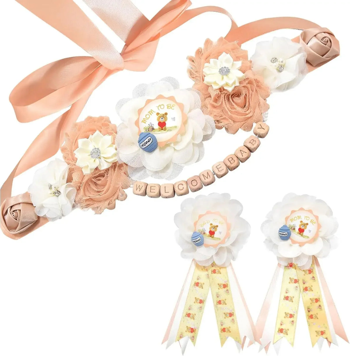 A set of floral maternity sash and corsage pins featuring peach, cream, and gold roses and flowers.