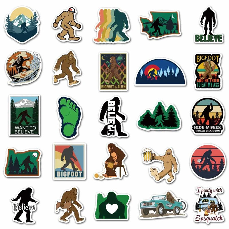 A collection of stickers featuring various Bigfoot and Sasquatch related phrases and figures.
