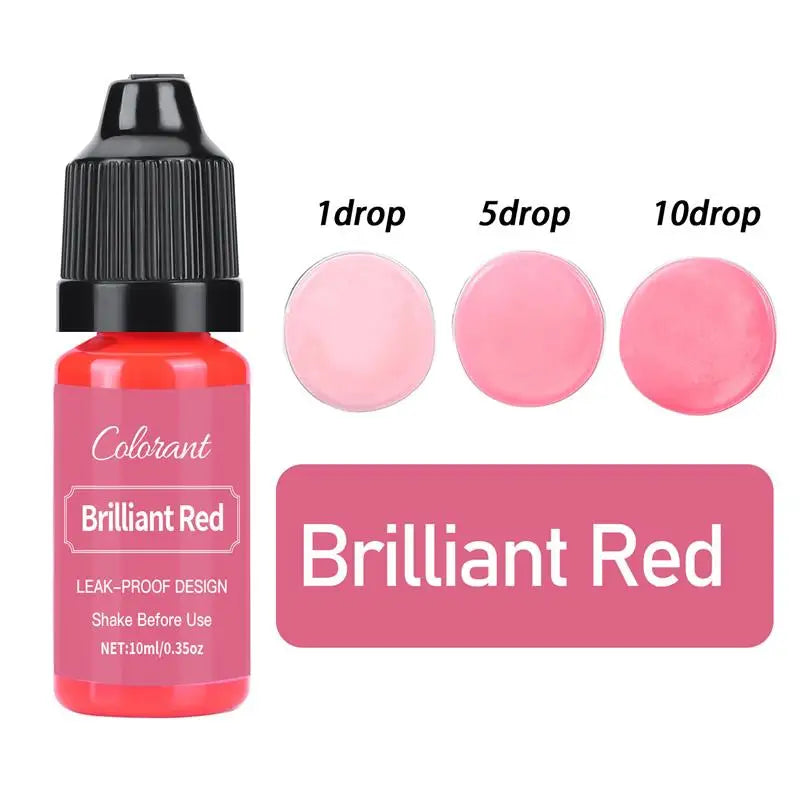 A bottle of Brilliant Red liquid pigment with dropper tips showing 1, 5, and 10 drop sizes.