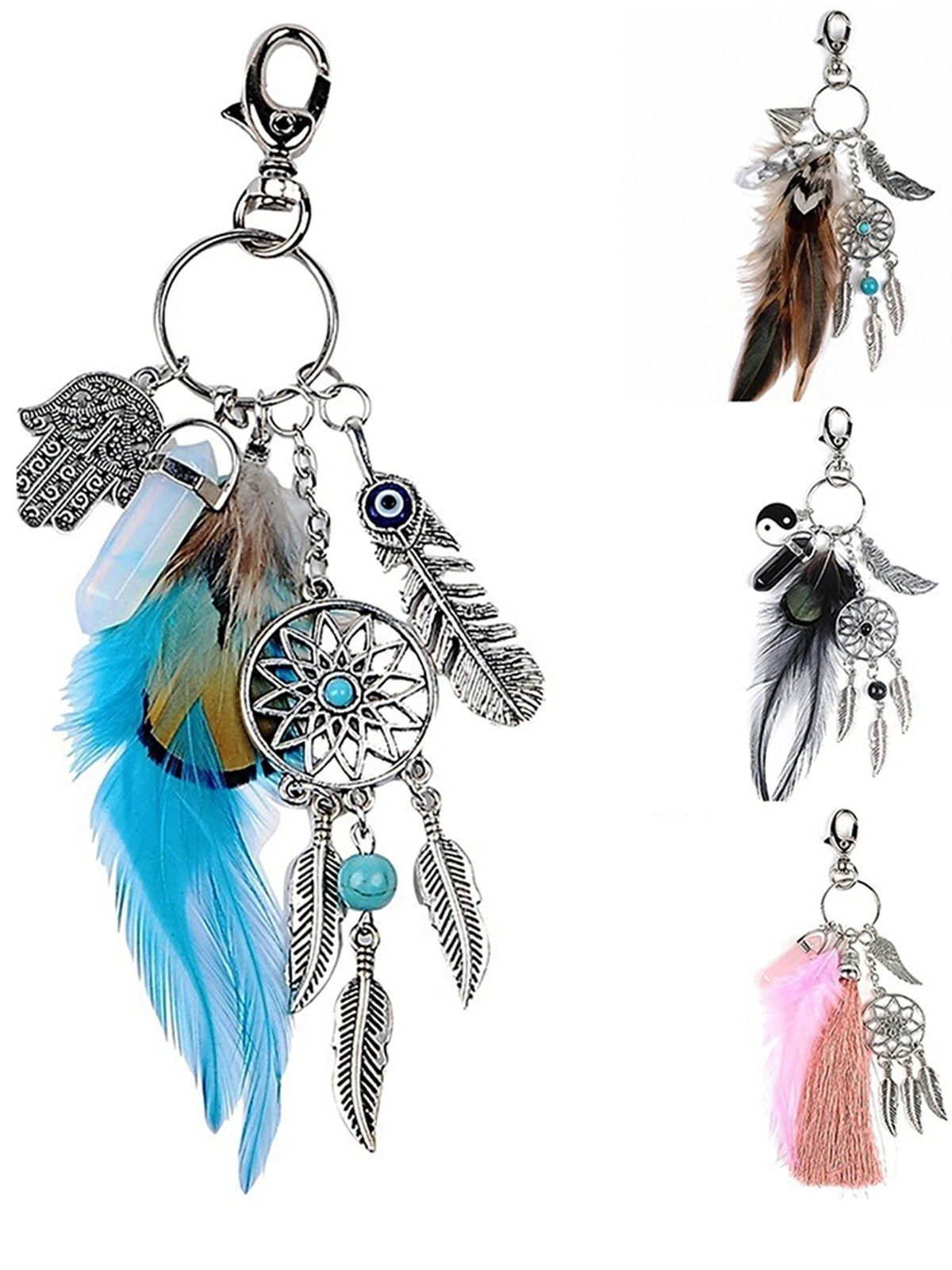 Bohemian dream catcher keychain featuring a blue feather, silver beads, and a dark brown feather tassel.