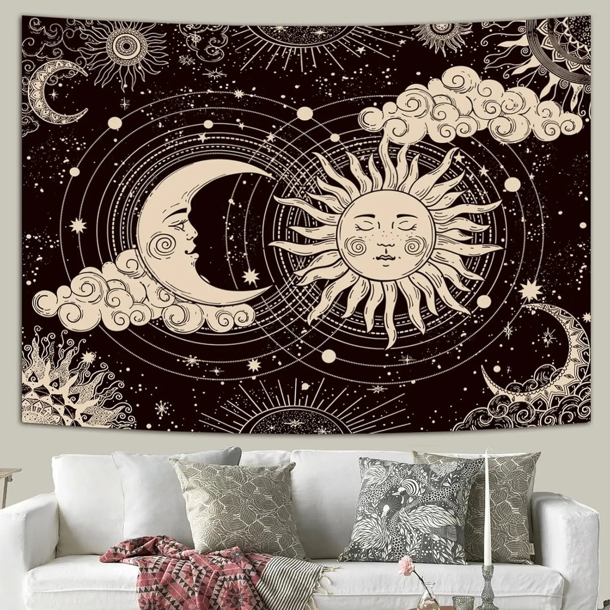 Bohemian cosmic nebula tapestry wall hanging featuring a dark background with celestial elements like the moon and sun.