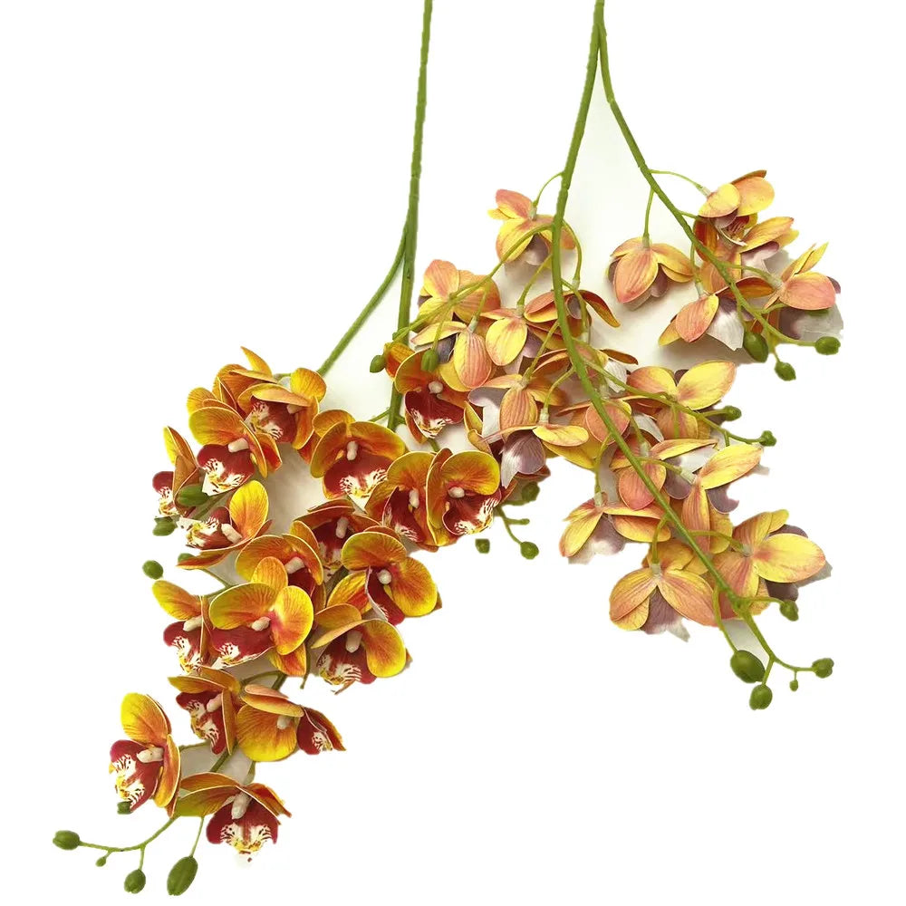 A delicate stem of Lifelike Butterfly Orchid with 21 blooms featuring yellow and reddish-orange petals.