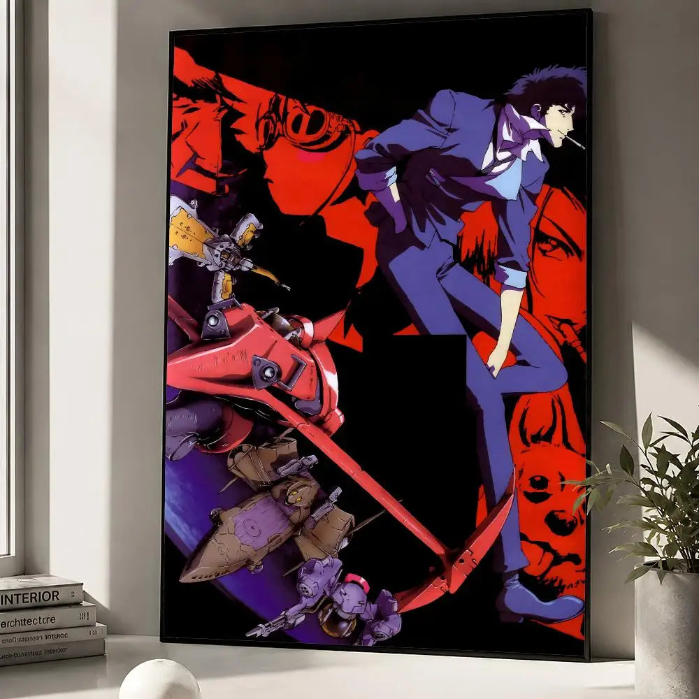 A vibrant poster featuring Spike Spiegel from Cowboy Bebop in a purple suit against a black background with red accents.